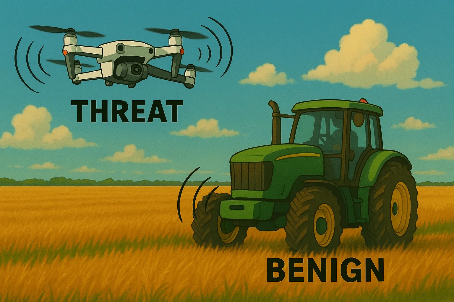 A cartoon illustration of a small drone aircraft hovering above a tractor on a farm field.