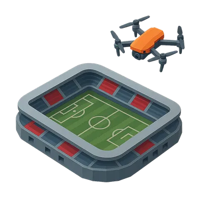 A cartoon illustration of an enemy drone hovering over a stadium.
