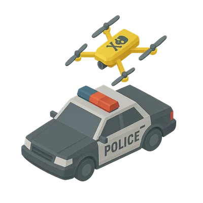 A cartoon illustration of an enemy drone hovering over a police car.