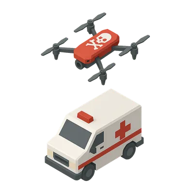 A cartoon illustration of an enemy drone hovering over an ambulance.