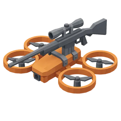 A cartoon illustration of an enemy quadcopter drone with a sniper rifle bolted on top.