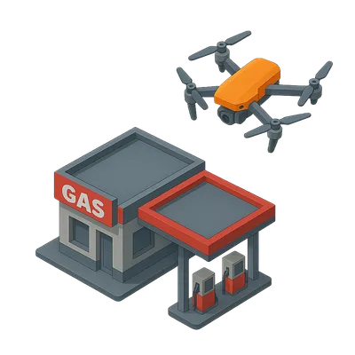 A cartoon illustration of an enemy drone hovering over a gasoline station.