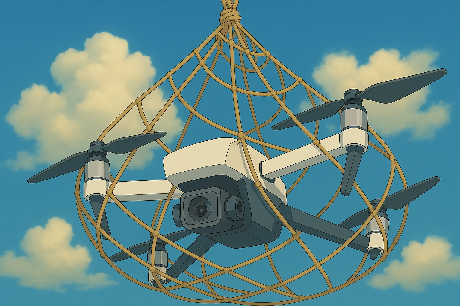 A cartoon illustration of a drone being caught in a net.