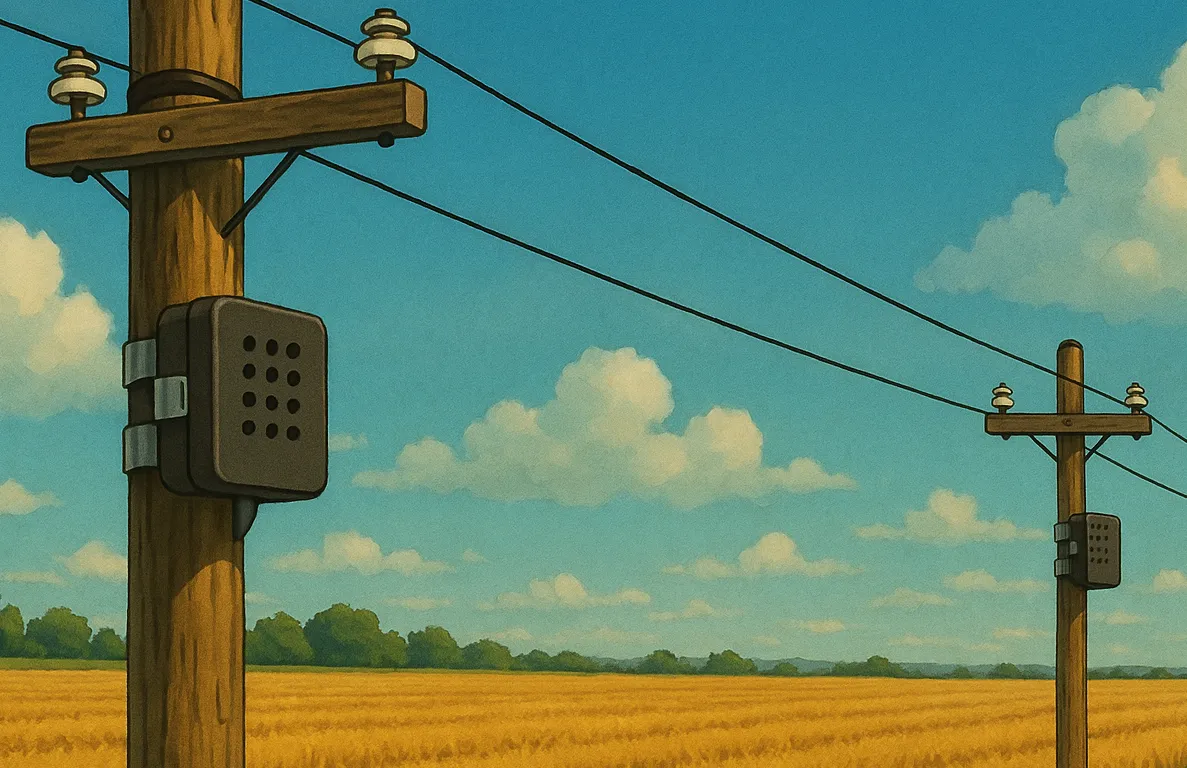 A cartoon illustration of Soundryx sensors on utility poles next to a farm field.
