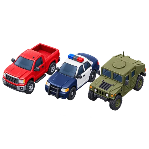 A red civilian pickup truck, police car, and military Humvee parked side by side.